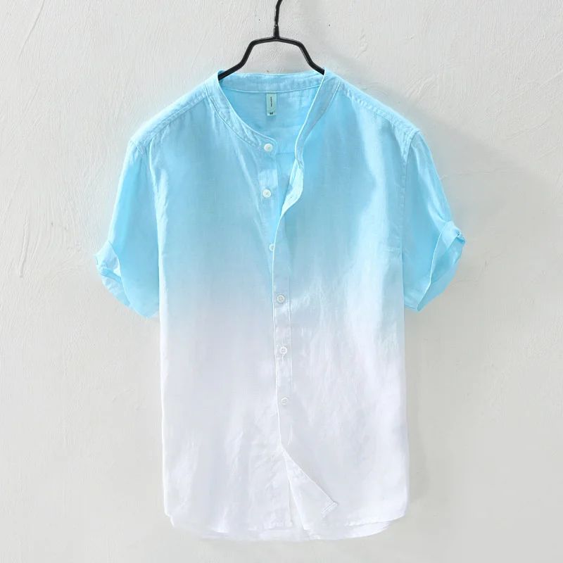 Camisa de manga curta 100% linho fresca, respirável, confortável, material saudável, azul degradê, estilo havaiano, masculina, tipo cardigan, para praia
