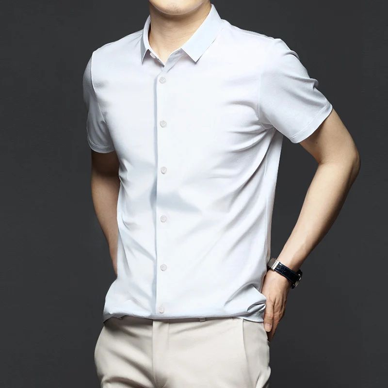 Stretch Anti-Wrinkle Smooth Men's Shirts Short Sleeves Dress Shirts For Men Slim Fit Camisa Social Business Blouse White Shirt