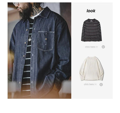 Maden Vintage Washed Pockets Denim Shirt for Men Casual Button Down Long Sleeve Shirt Male Loose Workwear Tops Large Pocket