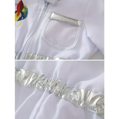 Kids US Astronaut Dressup Costume Deluxe Print Cartoon White Space Suit Bodysuit Halloween Role Play Adventure Gloves Hat Set