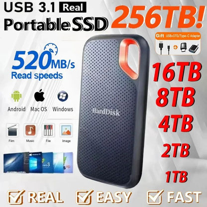 Disco Rígido de Alta Velocidade 1TB Disco Rígido Externo 2TB Disco Rígido Original 128TB USB3.1 SSD Plug-and-play para PC/Laptop/Mac/Celular
