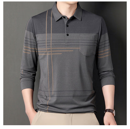 New Men's Polo Shirt Long-sleeved Polos Shirt Lapel Fashion Spring and Autumn Thin Shirt Casual Loose Tops Striped Streetwear
