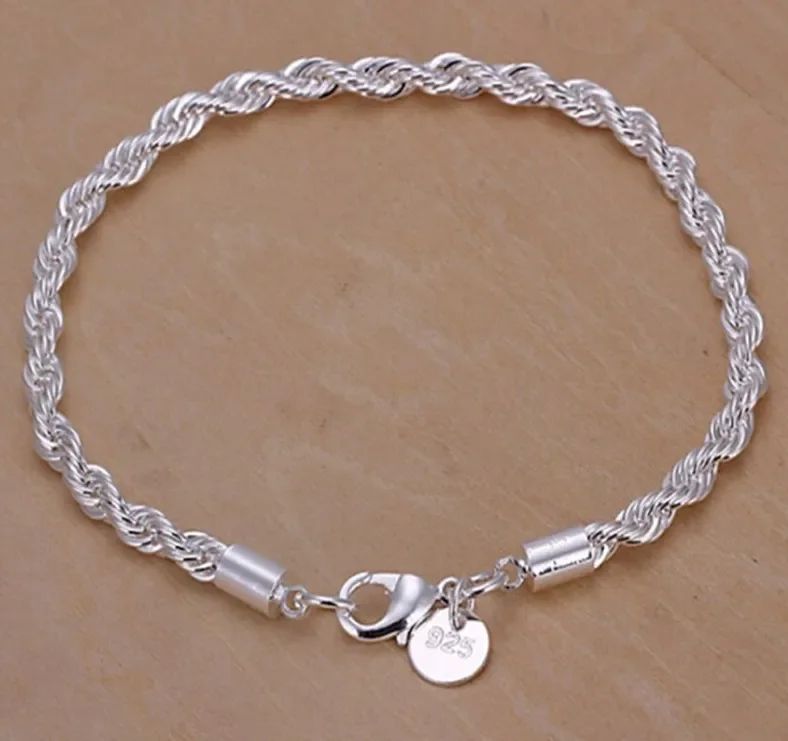 Braceletes de Corrente Torcida de Prata Esterlina 925 4MM para Mulheres e Homens, Joias Masculinas de Prata Minimalistas da Moda, Presentes para Casais