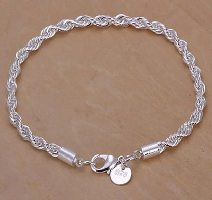 Braceletes de Corrente Torcida de Prata Esterlina 925 4MM para Mulheres e Homens, Joias Masculinas de Prata Minimalistas da Moda, Presentes para Casais