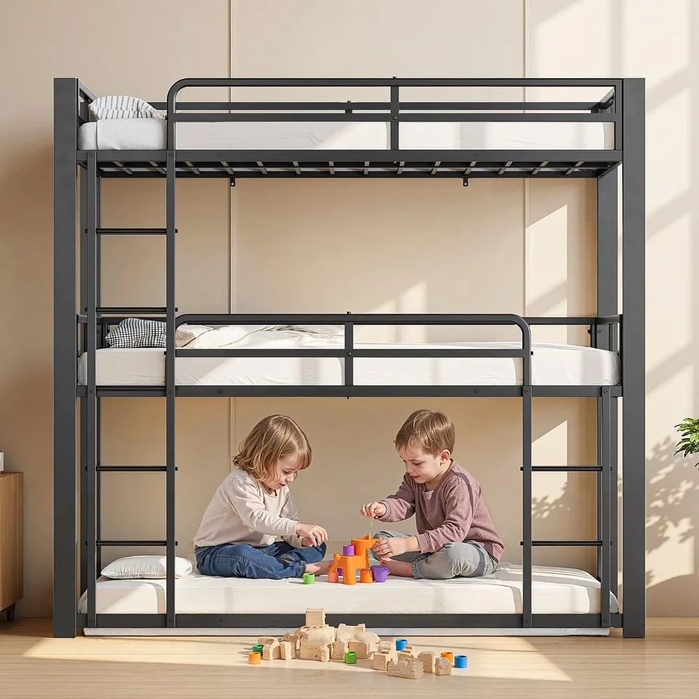 Heavy Duty Triple Bunk Bed Twin-Size Metal Frame with Ladder Family-Friendly for All Ages No Box Spring Needed for Bedroom