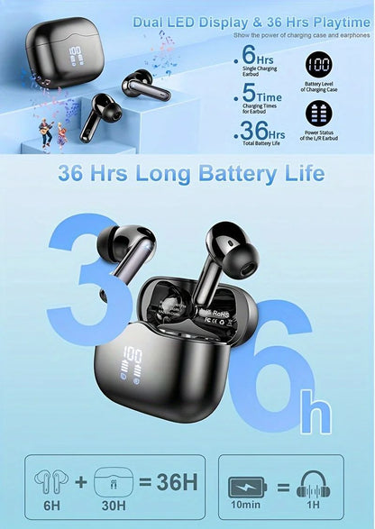 Fone de Ouvido Sem Fio UYUXIO com Cancelamento de Ruído de 40dB Bluetooth 5.3 Fone ENC com Display LED Fones de Ouvido TWS HD Modo Transparência