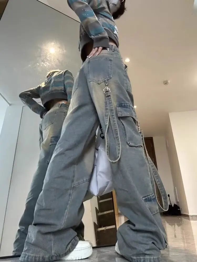 Female Jean Spliced Pockets Cargo Pants Washed Denim High Waist Full Length Jeans Loose Solid Basics Patchwork Distressed