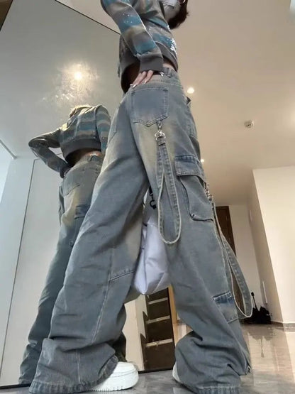 Female Jean Spliced Pockets Cargo Pants Washed Denim High Waist Full Length Jeans Loose Solid Basics Patchwork Distressed