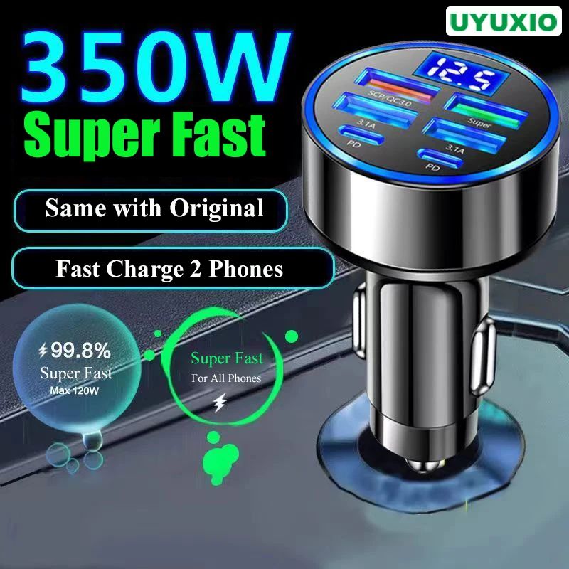 Carregador de Telefone UYUXIO 6 em 1 USB C Adaptador com Display de Voltagem Carregamento Super Rápido no Carro para iPhone 16 15 Pro Max Samsung