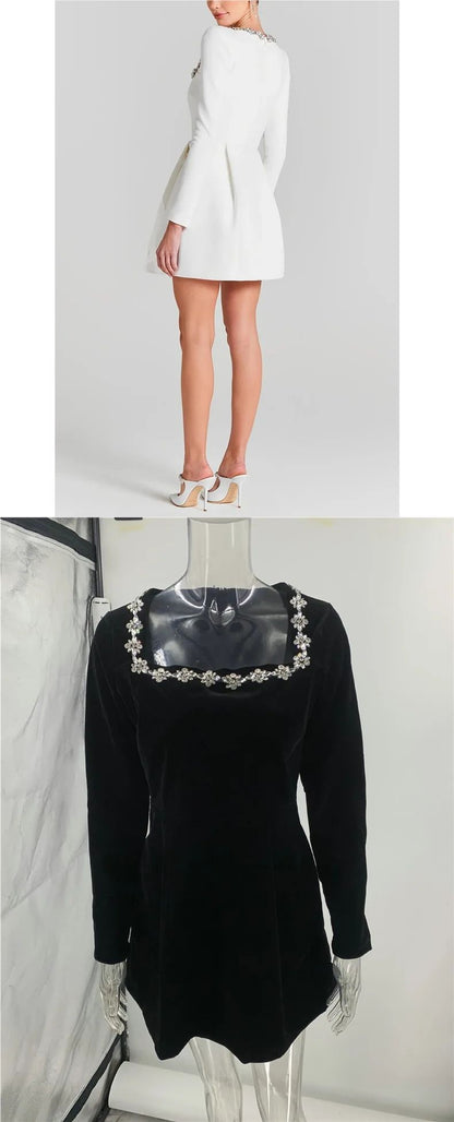Elegant Short Velvet Dress with Diamond Embellishment Square Collar Independent Station Cross-border Spring Women's Fashion