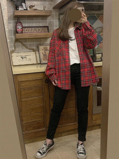 Scottish Red Plaid Shirt Luxury Hong Kong Style Vintage Loose Fit Women's Button up Shirt Polo Collar Full Sleeve Slim Fit