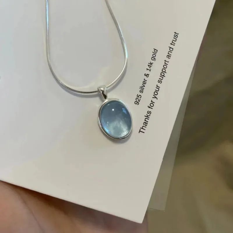 Colar com Pingente Simples Oval de Pedra da Lua e Água-marinha para Mulheres Meninas Corrente Cobra de Luxo Colar da Moda Joias Presentes
