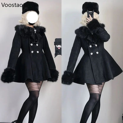 Autumn Winter Japanese Kawaii Lolita Woolen Coat Women Sweet Bow Plush Slim Jacket Female Korean Style Warm Dress Cute Overcoat