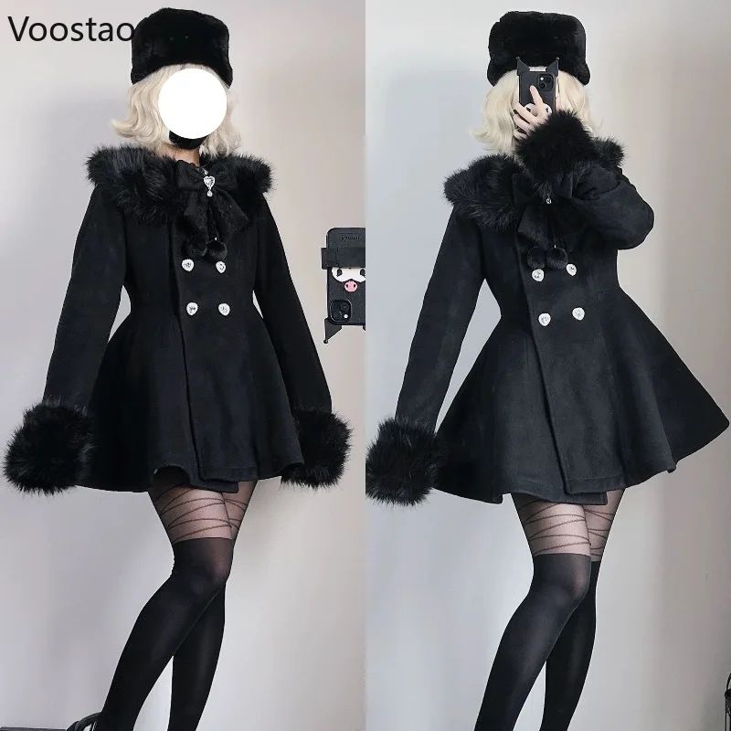 Autumn Winter Japanese Kawaii Lolita Woolen Coat Women Sweet Bow Plush Slim Jacket Female Korean Style Warm Dress Cute Overcoat