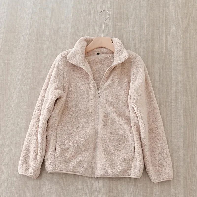Women's Solid Color Fleece Coat Autumn Winter Warm Zipper Hoodie Loose Stand Collar Jacket Fashion Casual Elegant Ladies Clothes