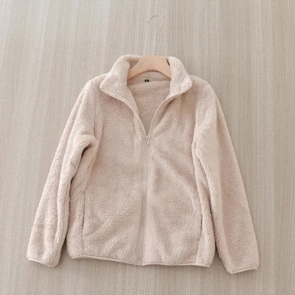 Women's Solid Color Fleece Coat Autumn Winter Warm Zipper Hoodie Loose Stand Collar Jacket Fashion Casual Elegant Ladies Clothes