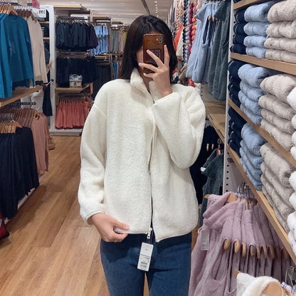 Autumn Winter Women's Long Velvet Fleece Zipper Sleeve Coat Warm Coral Fleece Jacket Full Length Outerwear Comfortable Coat