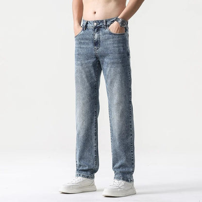 Calça Jeans Masculina Clássica Solta Reta Wide Leg de Sarja Lavada de Alta Qualidade Masculina Fina Fresca Elástica Masculina Casual de Caimento Regular