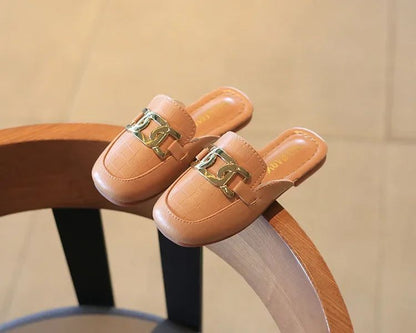 Children Sandals for Girls 2024 Summer New Girls Covered Toes Flat Leather Slippers Casual Lazy Metal Korean Kids Fashion Flats