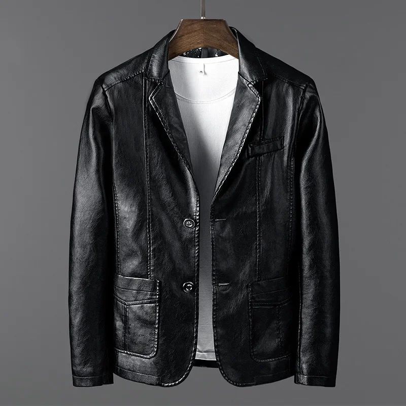 PU Leather Jackets Men Slim Fit Full Sleeve Coats Single Breasted Spliced Turn Down Collar Jacket Punk Mens Casual Male Autumn