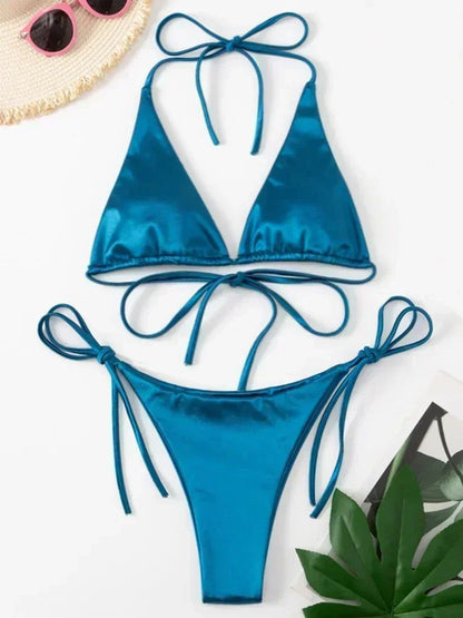 Halter Brazilian Metallic Satin Bikini Women Swimwear Female Swimsuit Two-pieces Bikini Set High Cut Bathing Suit Swim Beachwear