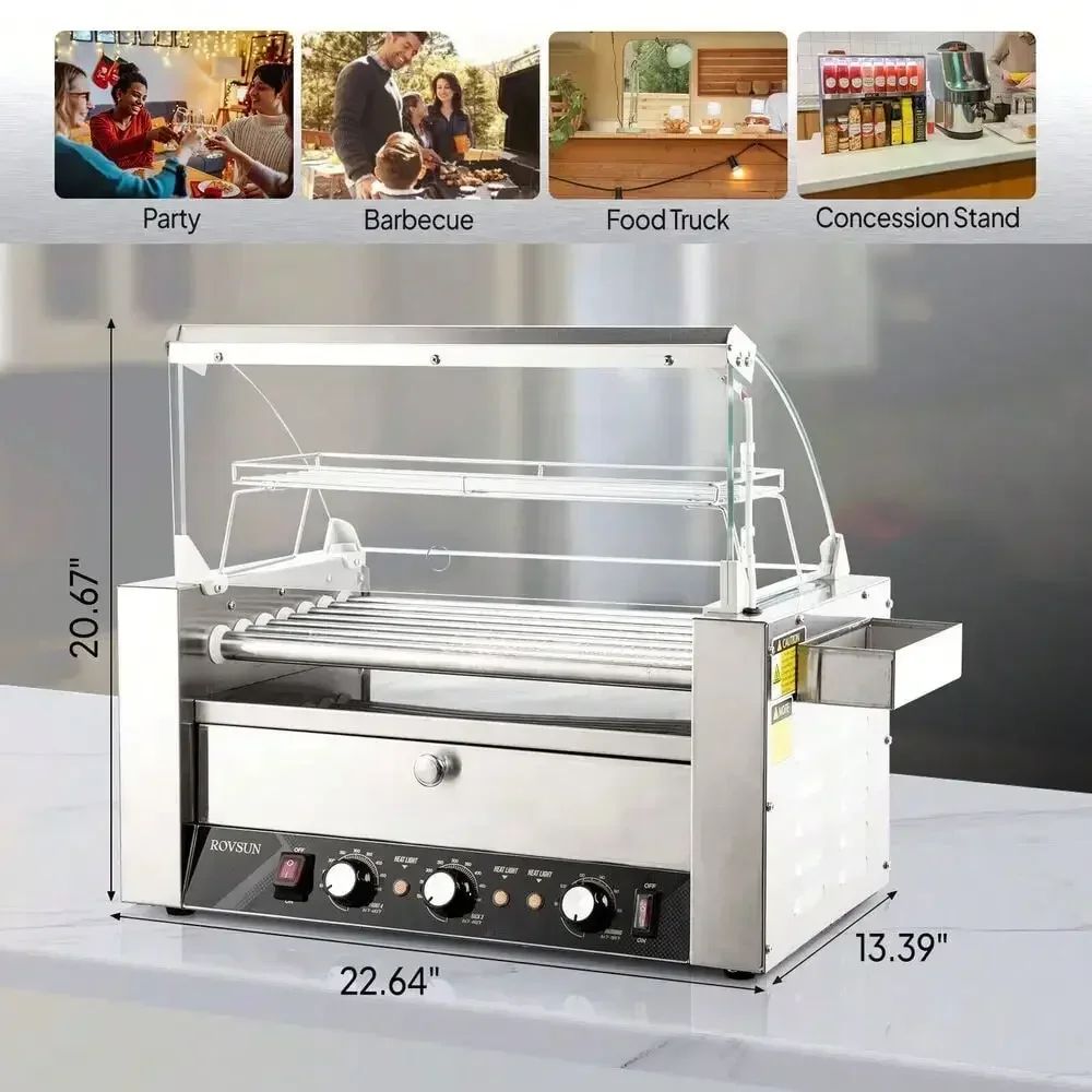 Commercial Electric 18 Sausage Hot Dog 7 Roller Grill Cooker Machine ,Bun Warmer