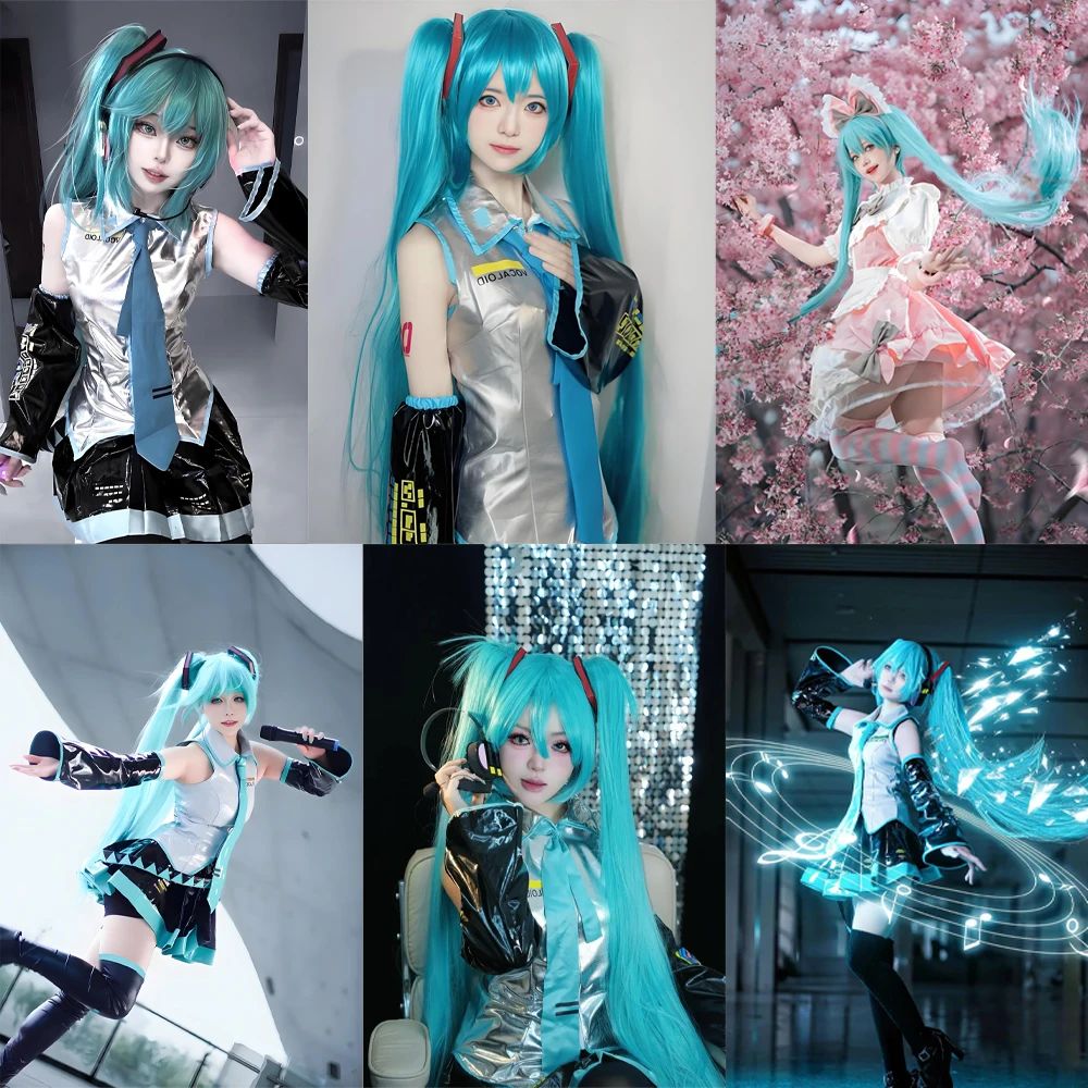 Peruca de Cabelo Sintético de Cosplay de Anime Miku de Alta Qualidade 116 cm de Comprimento com Rabo de Cavalo Duplo Destacável para Festa de Halloween e Carnaval Resistente ao Calor