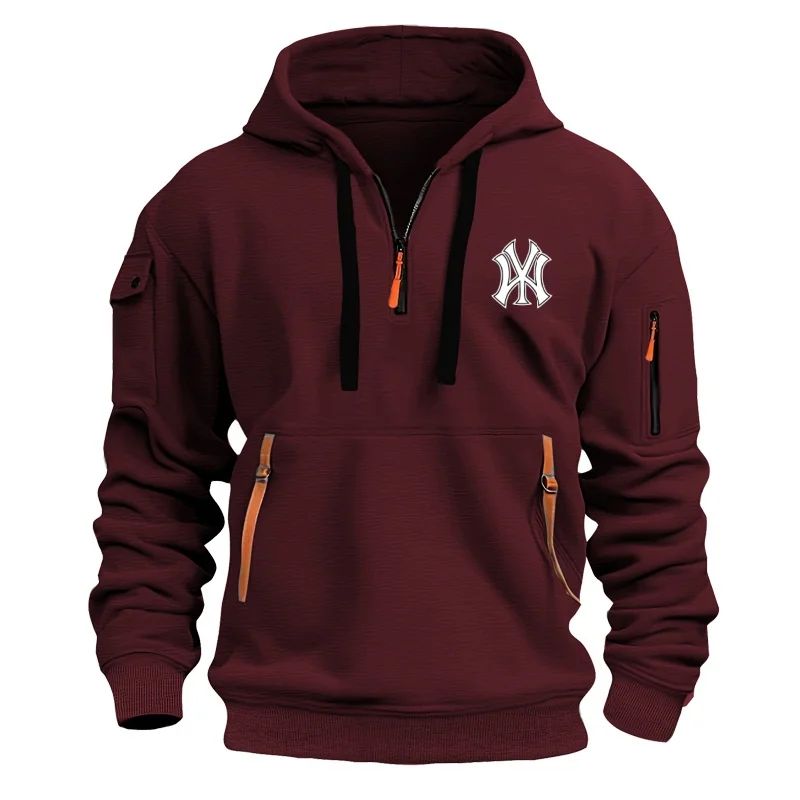 Autumn Long-sleeved Hooded Pullover Men's Zippered Pocket Sweatshirt, Drawstring Sports Men's Casual Hooded Sweatshirt