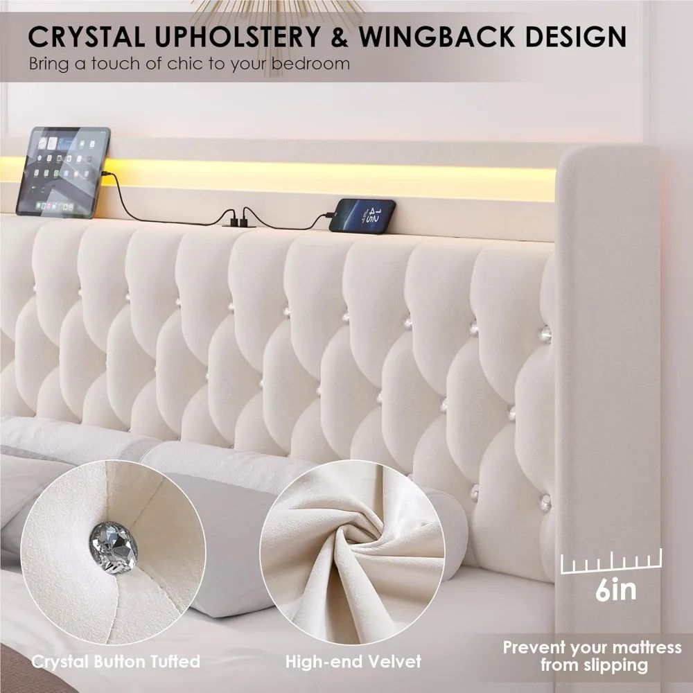Luxurious Velvet Queen LED Bed Frame with Built-in Charging Station and 4 Storage Drawers, Enhanced with Handcrafted Crystals