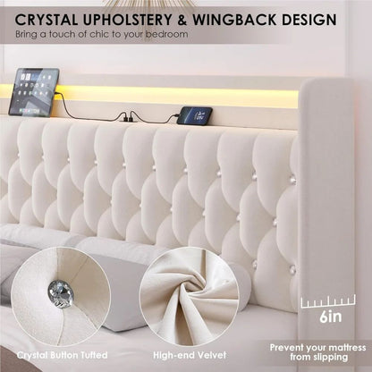 Luxurious Velvet Queen LED Bed Frame with Built-in Charging Station and 4 Storage Drawers, Enhanced with Handcrafted Crystals