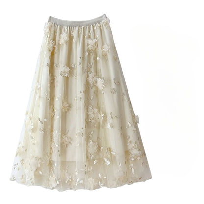 New in A-Line High Waist Embroidery 3D Flower Tulle Midi Skirt Women Spring Summer Pink Chic Elegant Mesh Party Long Skirt