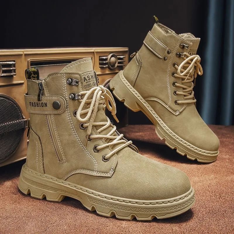 High Top Men's Shoes for Spring and Autumn, New Anti Slip and Waterproof Desert Boots Outdoor Zipper Hiking Shoes Work Boots