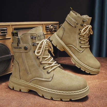 High Top Men's Shoes for Spring and Autumn, New Anti Slip and Waterproof Desert Boots Outdoor Zipper Hiking Shoes Work Boots