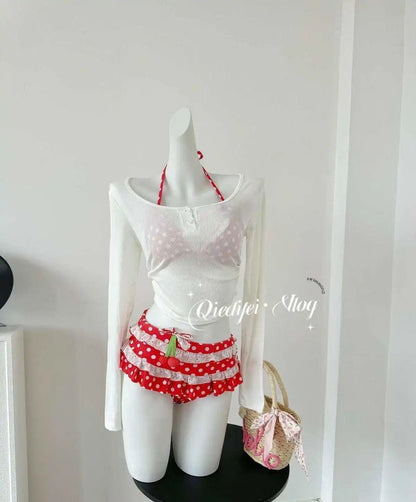 2025 New Bikini Set Cherry Pattern Three Pieces Cute Beach Vacation Swimsuit Ins Style Pure Desire Girl Adorable Split Design