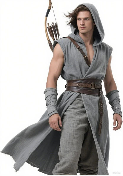 Men's Medieval Hooded Surcoat Renaissance Tabard Sleeveless Tunic Cloak Viking Costume Holloween Assassin Cosplay