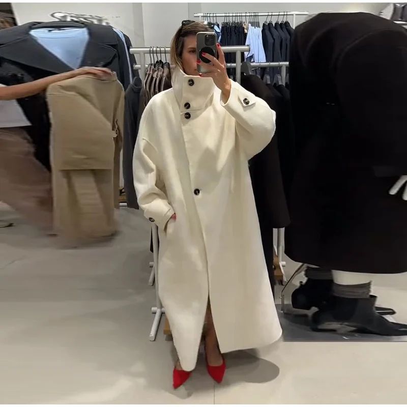 Stand Collar Single Breasted Split Long Coat Women Oversize Elegant Long Sleeve 2025 Autumn Female Outerwear Office Overcoat