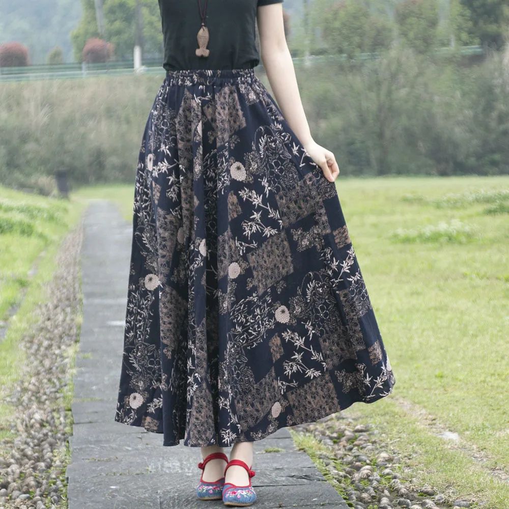 Cotton Linen Skirts for Women Fashion Casual Bohemian Y2k Print Long Skirt Summer Vintage Maxi Bottom Saias Woman Clothes Faldas