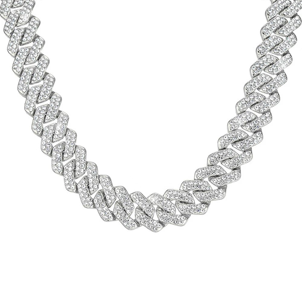 Hip Hop Brilhante Colar Corrente Cubana 15MM Feminino Masculino Cor Prata Strass Gelo Fora Corrente Cubana Punk Joias Colar Presente