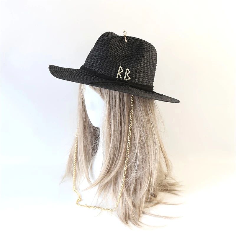 Fashionable Metal RB Letter Straw Hats for Women Men Summer Outdoor Holidays Beach Sun Hat Straw Hats for Women Fashion Panama