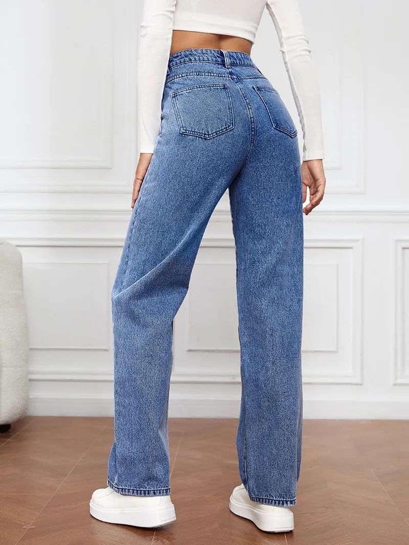 High Waist Straight Leg Jeans for Women New Style Cross-Border High Waist Slim Fit Long Jeans Trendy Women's Denim Pants