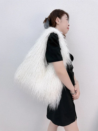 2025 NOVAS Bolsas de Ombro Pelúcia Lã Femininas Y2k Hot Girls Bolsa Saco com Cordão de Pele Sintética Moda Feminina Bolsas de Mão Peludas Tote