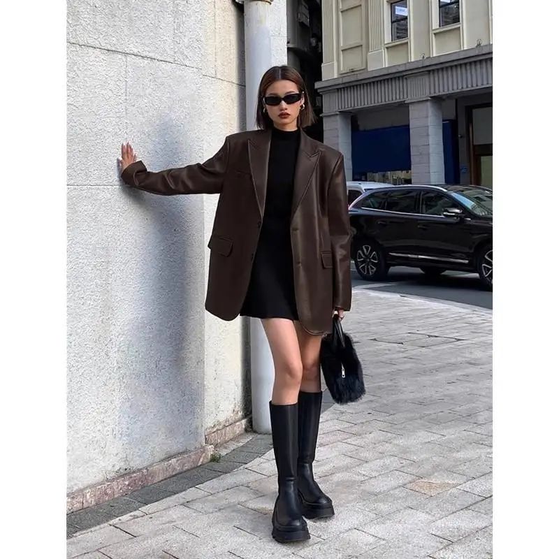 2025Brown /black soft PU leather  women jacket motorcycle long sleeve single breasted casual coat top for autumn high Streetwear