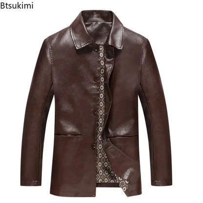 2025 Men's Soft PU Leather Jackets Business Office Coats Breathable Solid Male Faux Leather Jackets Warm Outerwear Plus Size 7XL