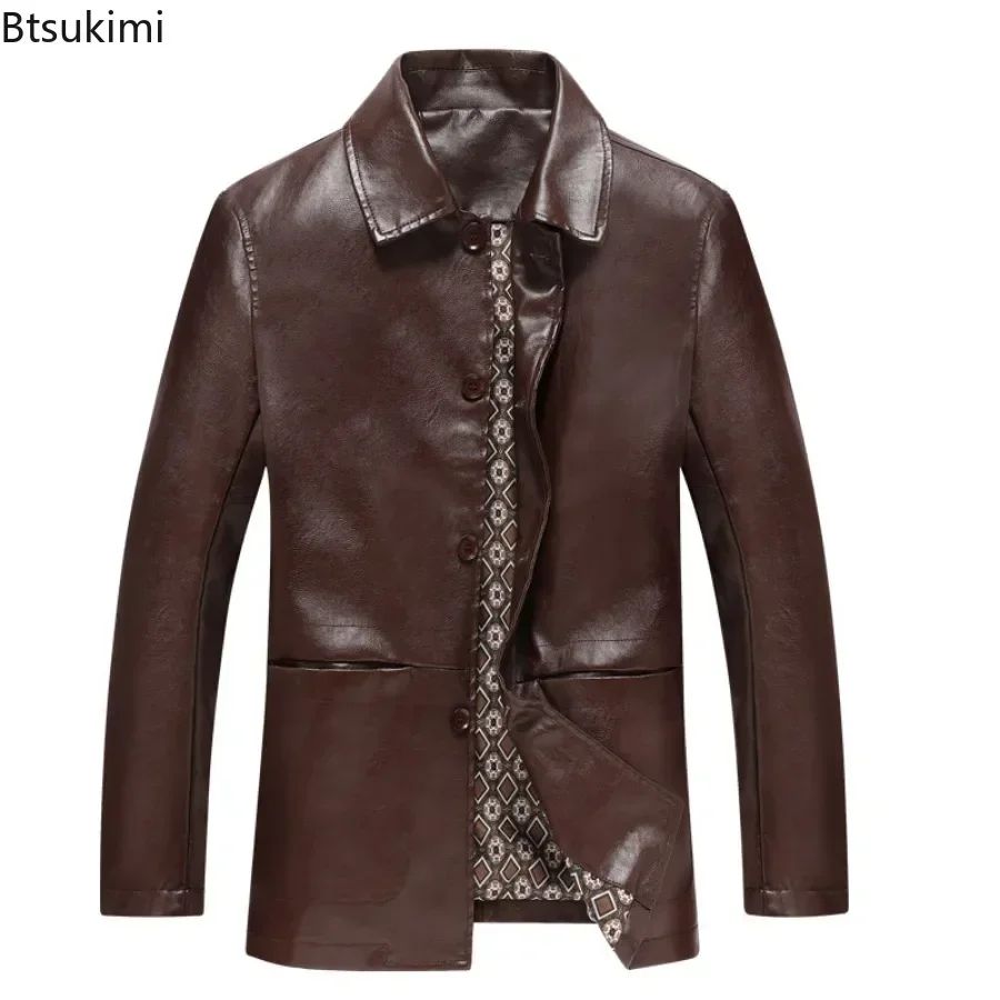 2025 Men's Soft PU Leather Jackets Business Office Coats Breathable Solid Male Faux Leather Jackets Warm Outerwear Plus Size 7XL