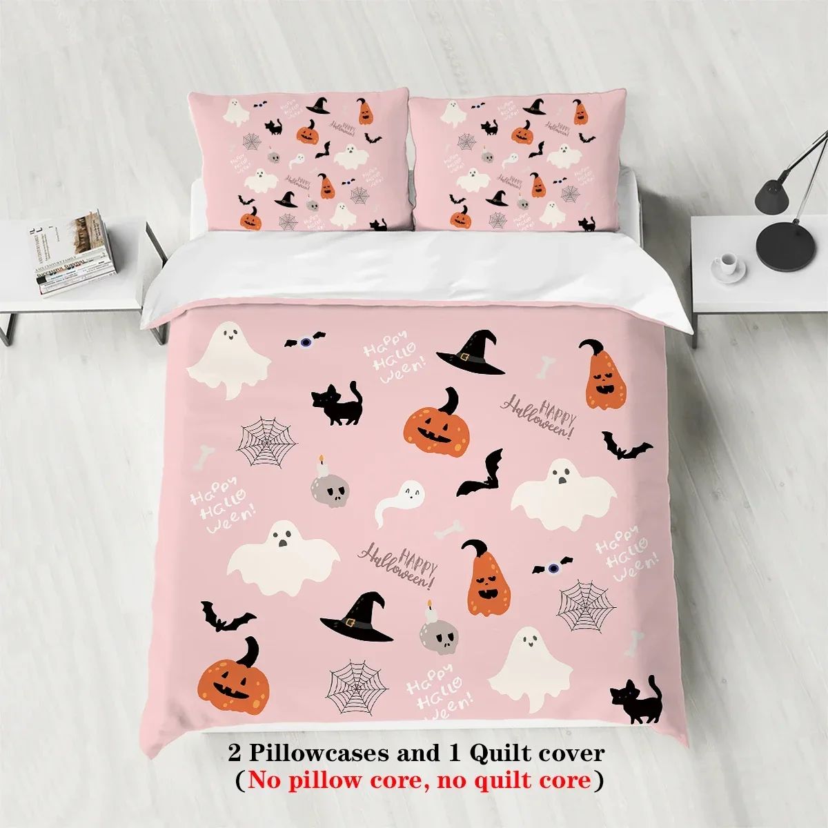 3-piece down duvet cover with Halloween theme cute ghost pattern print (1 duvet cover+2 pillowcases, no core) bedding set