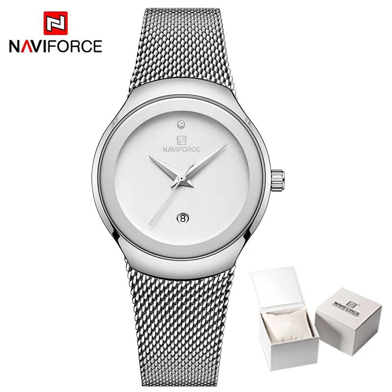 NAVIFORCE Luxury Green Analog Date Quartz Fashion Ladies Watches Mesh Steel Strap Waterproof Business Women Wristwatch Clocks