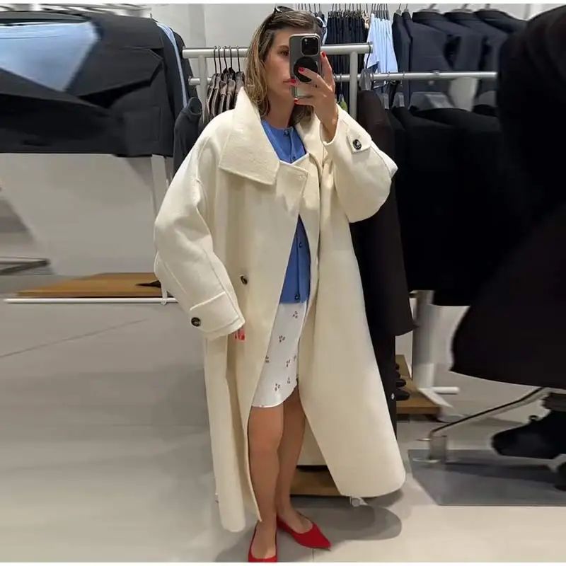 Stand Collar Single Breasted Split Long Coat Women Oversize Elegant Long Sleeve 2025 Autumn Female Outerwear Office Overcoat