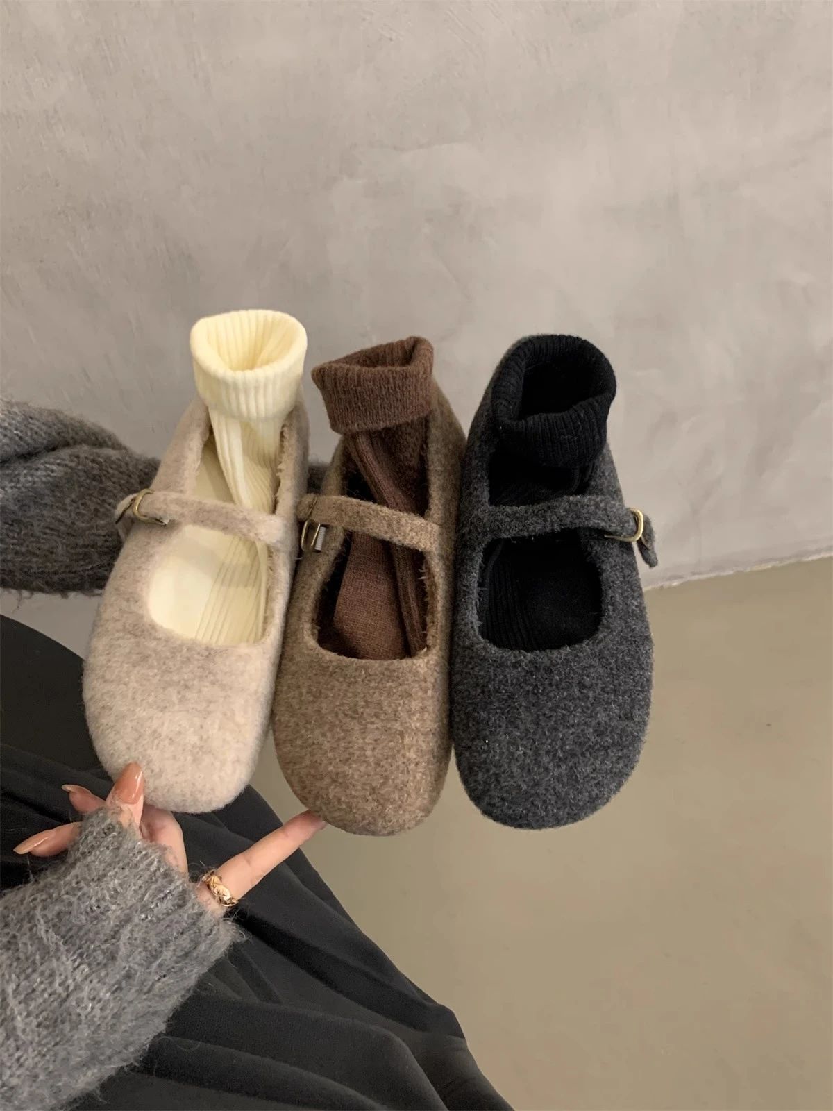 Fashion Square Toe Fleece Flet Ballet Flats Woman Winter Warm Wool Mary Jane Shoes Ladies Brand Design Elegant Plush Loafers