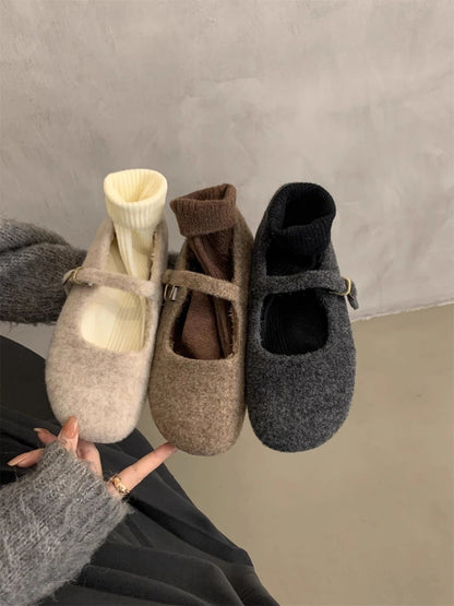 Fashion Square Toe Fleece Flet Ballet Flats Woman Winter Warm Wool Mary Jane Shoes Ladies Brand Design Elegant Plush Loafers