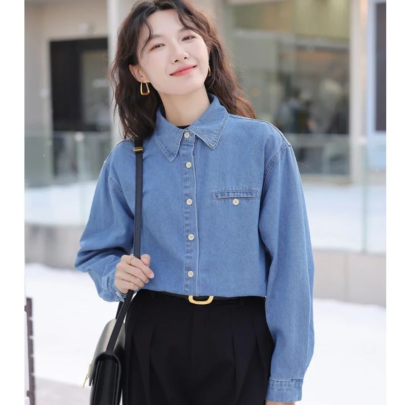 2024 New Vintage Loose-Fit Denim Shirt Women's Petite Top Commuter Jacket Fashionable Through-The-Year Style